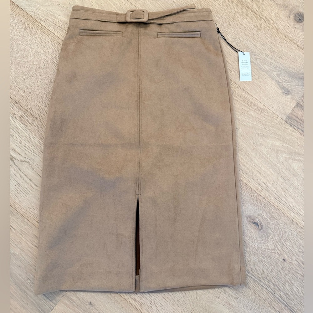 Ann Taylor Camel Suede Pencil Midi Skirt with Belt size 0